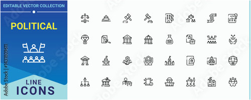 Political icon set. Contains related to governance, diplomacy, democracy, democratic, politics, diplomat and more. Government vector icon set. Collection for mobile and web apps. Editable vector art.