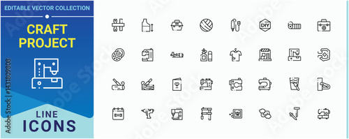Craft Project icon set. Includes symbols for craft, hand-made,  crafts, creative, workshop and more. Diy icon set. Minimalist icons collection. Editable vector. Pixel perfect.