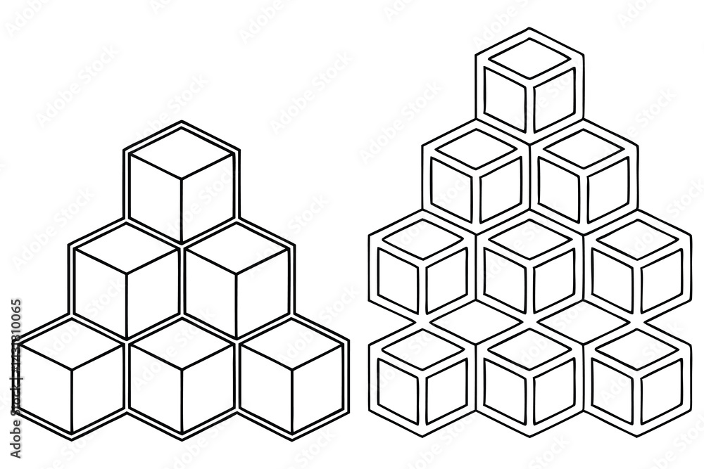 Obraz premium Interlocking Cube Structures, Outline Illustration, Geometric Shapes, White Background