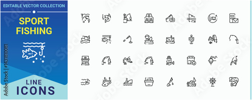 Sport Fishing icon pack. Pack of hunt, activity, recreation, sea, catch, fish and more. Fishing icon set. Sign and Symbol. Editable vector. Pixel perfect.