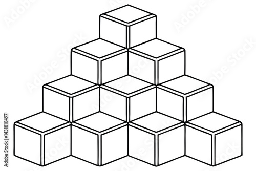 Outline isometric cube pyramid, modular block stack structure, isolated design