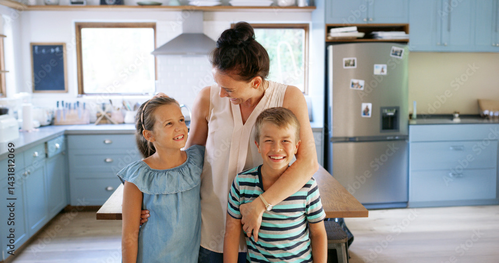 Mother, children and hug in kitchen with happiness for bonding, love and care in portrait together at home. Embrace, security and woman with kids, support and healthy relationship in family house Mother, children and hug in kitchen with happiness for bonding, love and care in portrait together at home. Embrace, security and woman with kids, support and healthy relationship in family house
