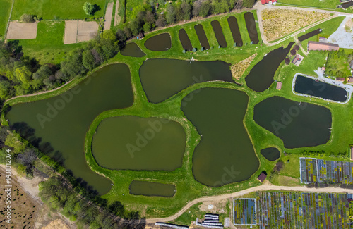 Aerial view of lakes at a fish farm