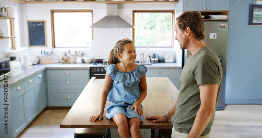 Fototapeta premium Child, relax and father talking in kitchen for funny joke, playful lesson and bonding together. Smile, man and kid on counter for discussion, love and morning chat with dad for advice at house