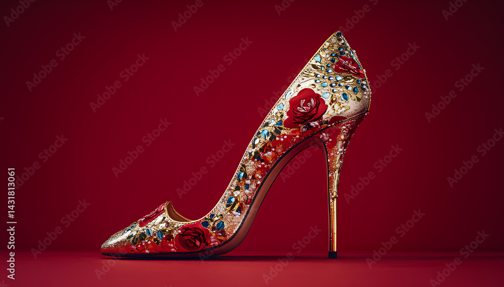 Obraz premium Beautiful high heeled shoes on crimson background