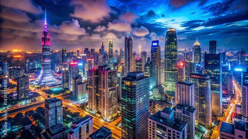 Obraz premium Panoramic Night View of City Skyline, Illuminated Buildings, Urban Escape