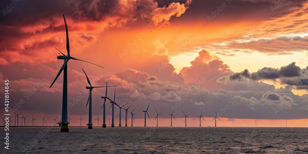 Obraz premium Offshore Wind Farm at Sunset Dramatic Composition of Silhouetted Turbines Against Fiery Sky, Renewable Energy, Clean Energy Renewable Energy, Offshore Wind