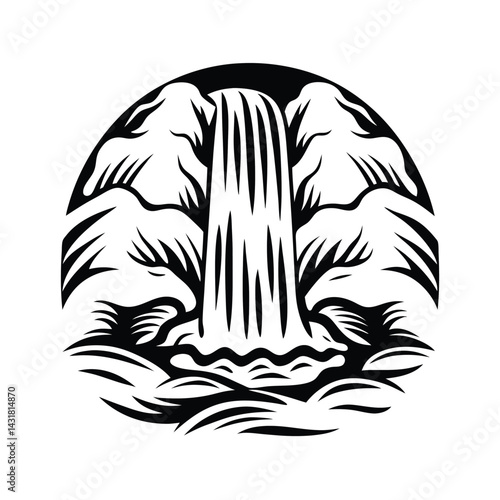 Waterfall Cascade Black Silhouette Isolated, River Flowing with Dense Plants, Circle Art