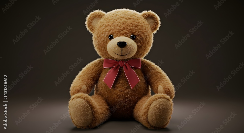 Obraz premium A teddy bear with a red bow tie sitting in front of a dark gray background in a studio setting