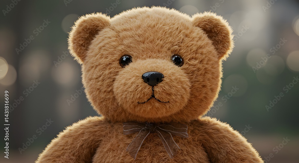 A close up shot of a brown teddy bear with a ribbon against a blurred background outdoors in daylight A close up shot of a brown teddy bear with a ribbon against a blurred background outdoors in daylight