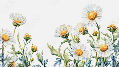 Elegant wedding invitation card background . Minimal hand painted watercolor Chamomile flowers texture template background. Design for wedding, vip cover, poster, rsvp moderncard.Valentine's Day