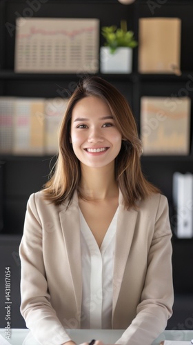 Free Download A smiling woman in a light blazer sits confidently at her desk, surrounded by books and charts, portraying professionalism and approachability. - GFXLoad