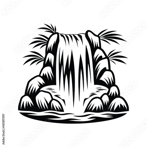 Waterfall Cascade with Rocks and Plants Black and White Minimalist Style 89
