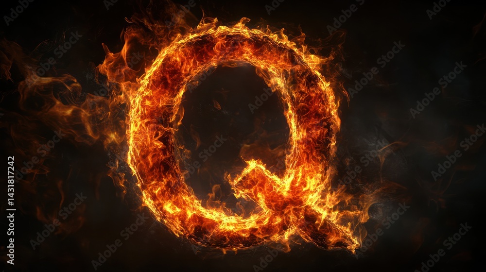 Fiery letter Q ablaze, dark background, abstract art, design element Fiery letter Q ablaze, dark background, abstract art, design element