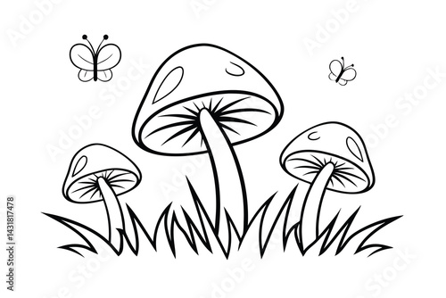Monochrome cartoon mushrooms and butterflies in a grassy field line art style illustration