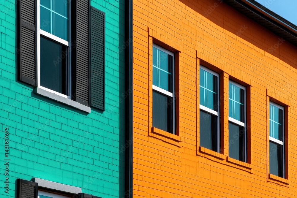 A vibrant close-up of colorful buildings featuring teal and orange walls with stylish windows and shutters, showcasing modern architectural design. A vibrant close-up of colorful buildings featuring teal and orange walls with stylish windows and shutters, showcasing modern architectural design.