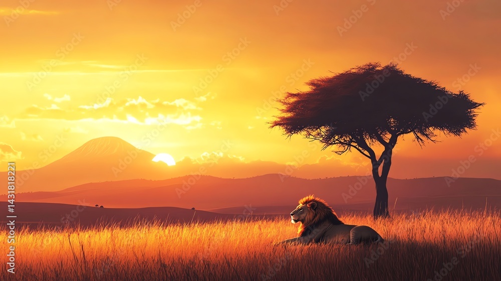 Naklejka premium Sunset tree silhouette nature scene warm colors peaceful mood art graphic design