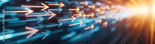 A vibrant abstract image featuring dynamic arrows representing movement and speed, illuminated by a bright light in the background.