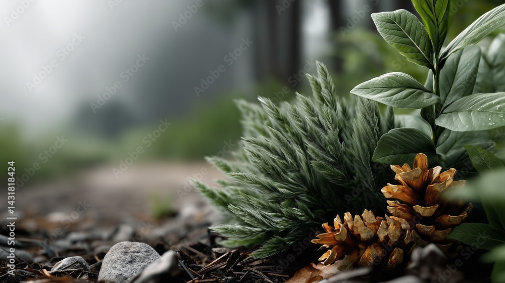 Obraz premium Misty Forest Floor Close-Up of Pine Cones and Lush Greenery