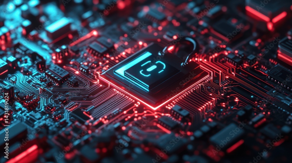 Secure CPU chip glowing on circuit board, data transfer Secure CPU chip glowing on circuit board, data transfer
