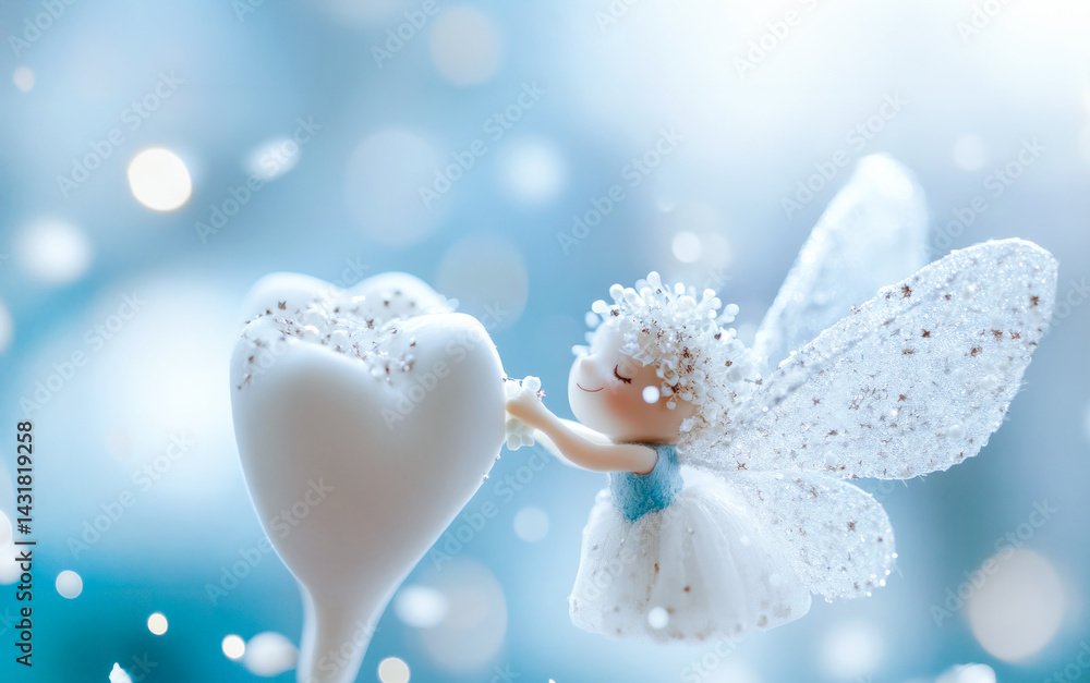 Fototapeta premium Beautiful Tooth Fairy Angle Doll in acting with tooth brush, illustrate Motivation for children about oral hygiene concept, dental advertising