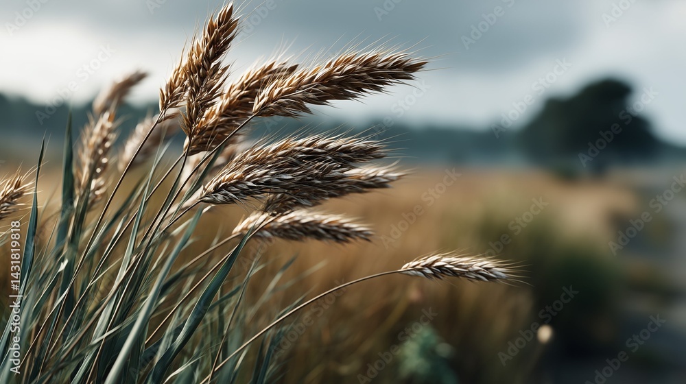 Obraz premium Serene Meadow Golden Grass Seeds Swaying Gently in the Breeze