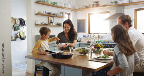 Smile, lunch and serving with family at kitchen table for help, bonding and health salad. Food, support and happiness with parents and children eating at home for love, wellness and relax together