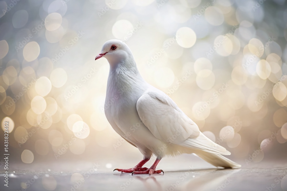 Fototapeta premium Peaceful White Dove Isolated on White Background with Bokeh, Soft Focus, Elegant Bird Photography