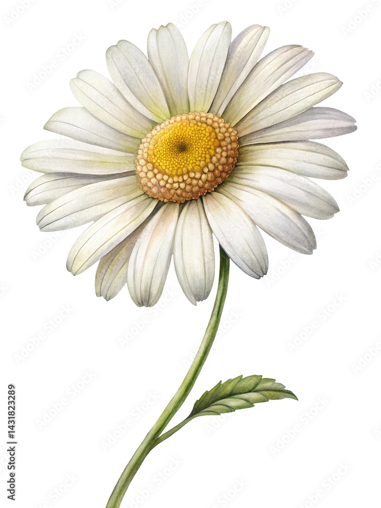 Fototapeta premium Elegant Botanical Illustration of a Single White Daisy with Yellow Center and Stem