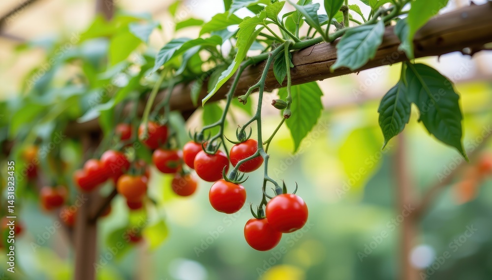 Tomato vine stretching across a support structure with vibrant red fruits hanging down and soft bokeh background, high resolution Tomato vine stretching across a support structure with vibrant red fruits hanging down and soft bokeh background, high resolution