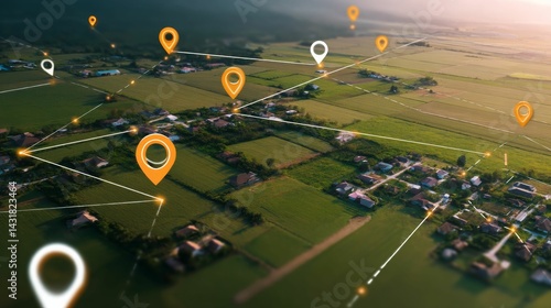 Aerial view of property mapping with location markers and connected lines highlighting land plots