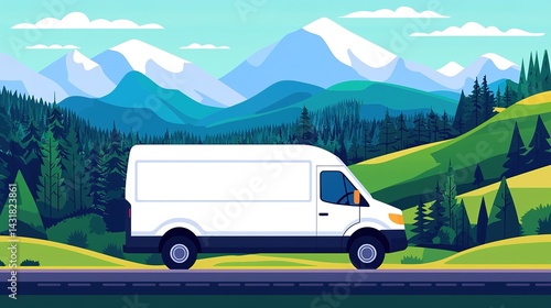 Delivery van journey through scenic rural landscape mountains and forests digital illustration vibrant colors side view