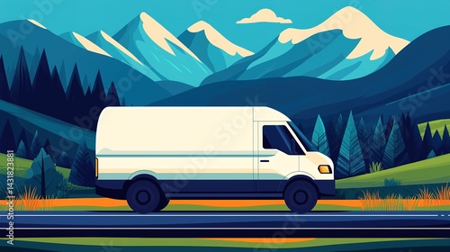 Delivery van navigating scenic rural landscape gigapixel quality vibrant mountain view