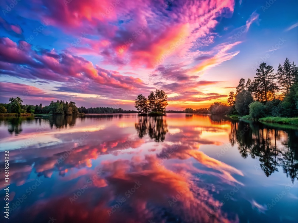 Fototapeta premium Pink Clouds Reflecting on Calm Lake with Trees - Serene Nature Scene