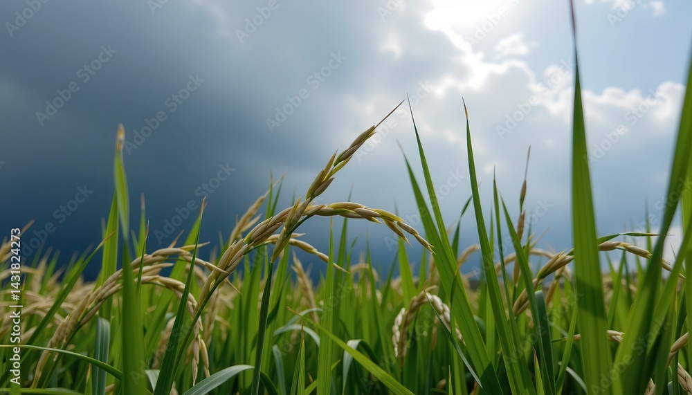 Obraz premium Side view of young rice shoots swaying in the wind with dark rain clouds looming in the background, high resolution