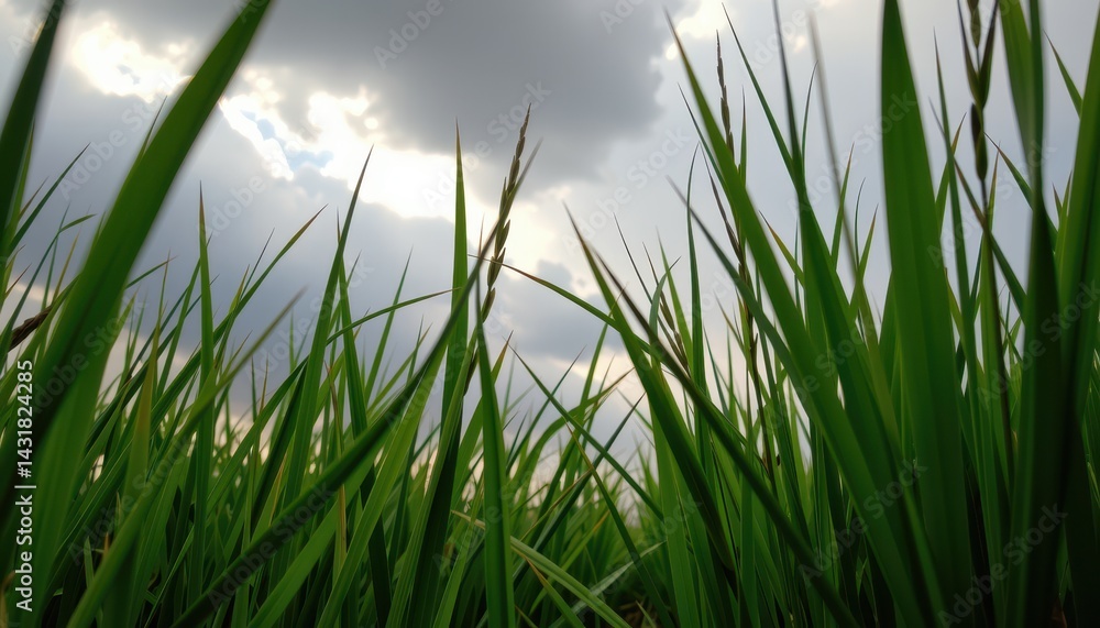 Obraz premium Side view of young rice shoots swaying in the wind with dark rain clouds looming in the background, high resolution