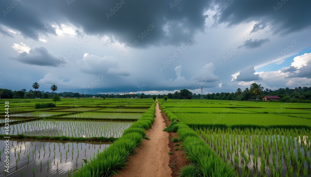 Naklejka premium Pathway between flooded rice paddies with dramatic clouds overhead casting deep shadows on the vibrant greenery, high resolution