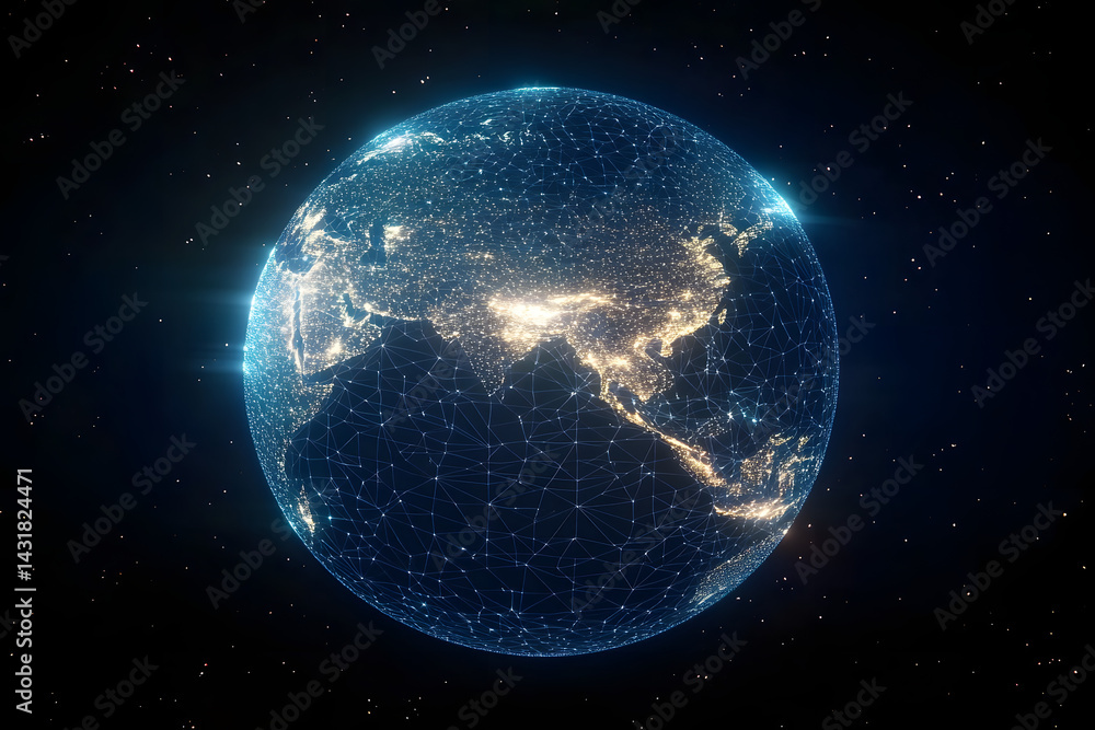 Obraz premium 3D rendering of a glowy polygonal grid planet on dark background. Globe, international map, communication, network, earth and technology concept.
