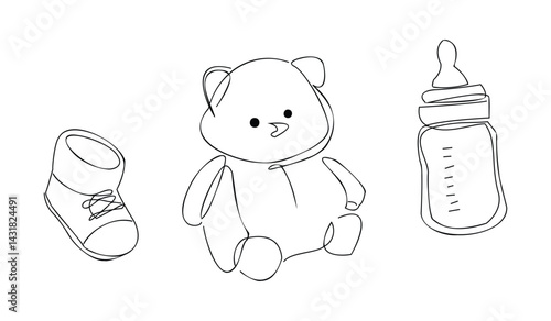 Baby essentials line art with bootie, teddy bear, and bottle illustrations