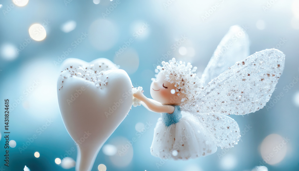 Fototapeta premium Illustrate of Tooth in lovely character, for children motivation about oral hygiene concept, dental advertising, Tooth Fairy Day