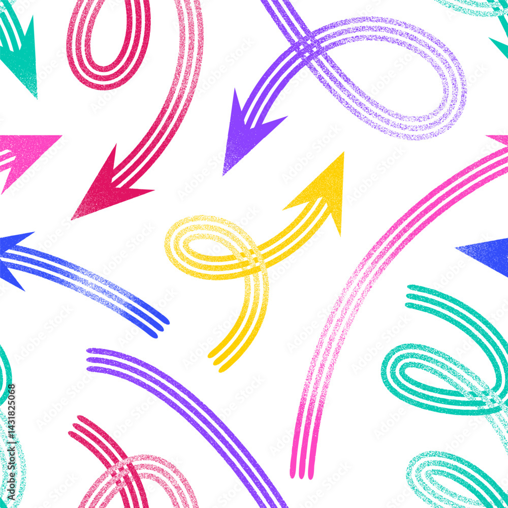 Fototapeta premium Seamless pattern of colorful textured arrows pointing in various directions on a white background.