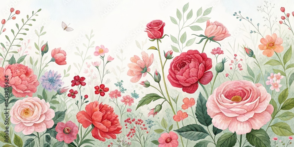 custom made wallpaper toronto digitalWatercolor Floral Meadow Roses, Peonies and Delicate Blooms, Botanical Illustration, Romantic Garden, wallpaper, floral art Floral wallpaper, Botanical print
