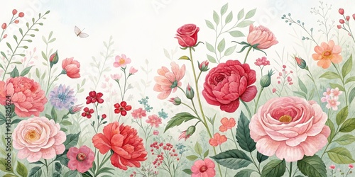 Wallpaper Mural Watercolor Floral Meadow Roses, Peonies and Delicate Blooms, Botanical Illustration, Romantic Garden, wallpaper, floral art Floral wallpaper, Botanical print Torontodigital.ca