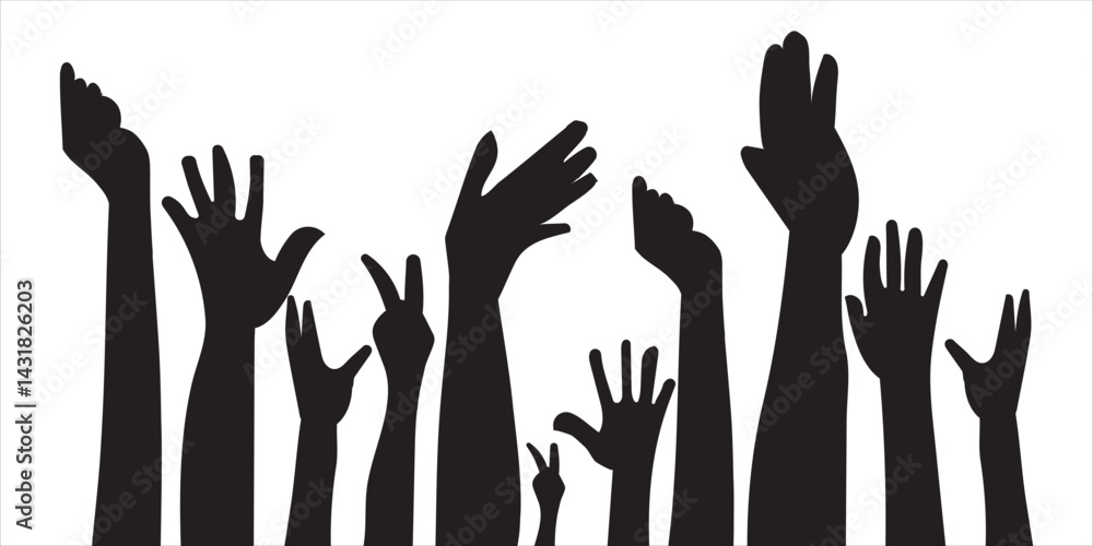 Hands up vector illustration. Raised Hands, Unity, Participation, Community, Collaboration, Teamwork symbol. Vector illustration design eps 10 Hands up vector illustration. Raised Hands, Unity, Participation, Community, Collaboration, Teamwork symbol. Vector illustration design eps 10