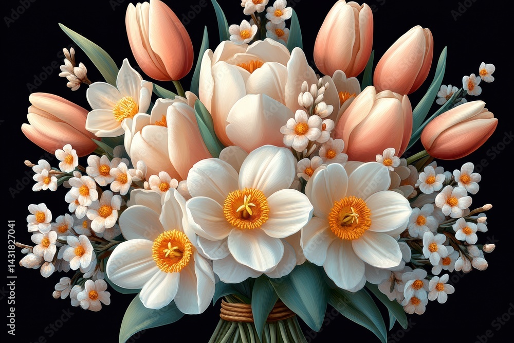 Obraz premium Spring bouquet featuring tulips and daisies with ample space for text overlay
