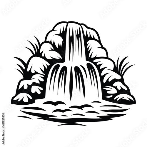Waterfall Silhouette with Rocks and Plants Nature Inspired Black and White