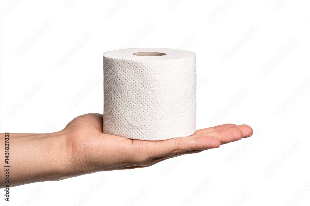 Fototapeta premium Holding a fresh roll of toilet paper with clear texture details, a daily essential for home use in a clean setting
