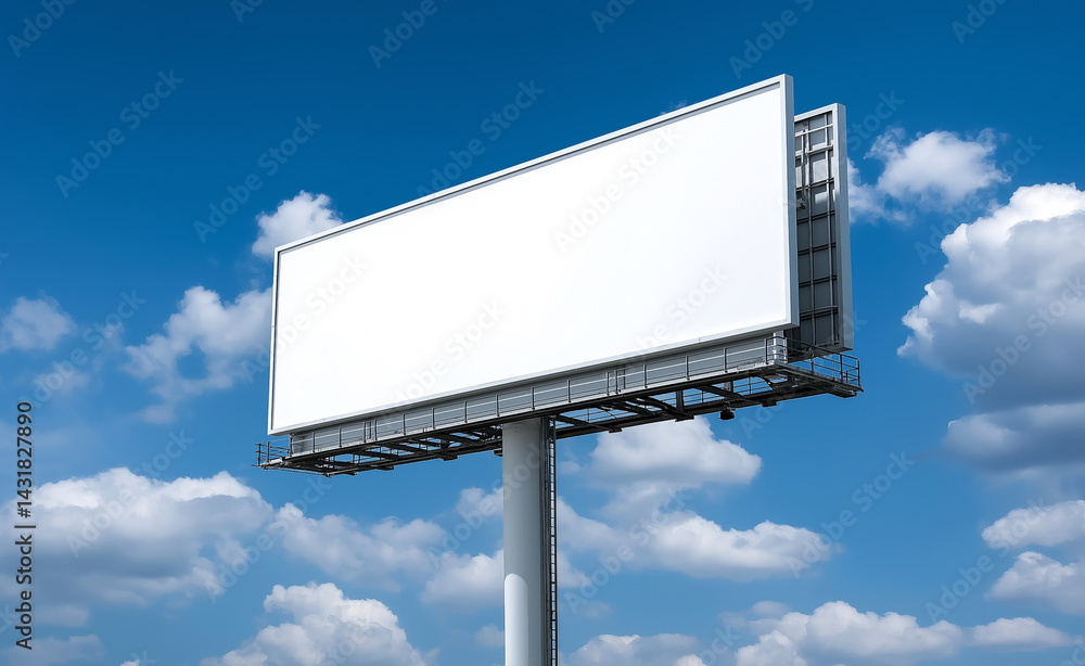 Obraz premium Large blank white billboard against a bright blue sky with scattered clouds. 