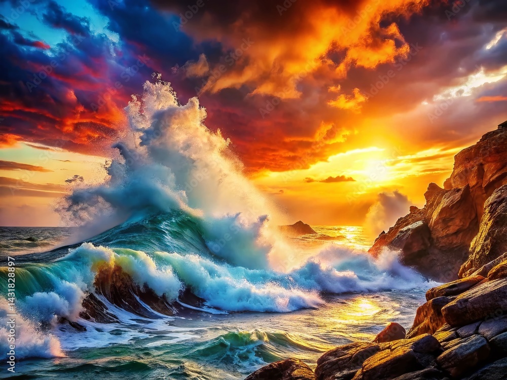 Naklejka premium Powerful Ocean Waves Crashing on Rocky Shore - Stay Strong Motivational Stock Photo