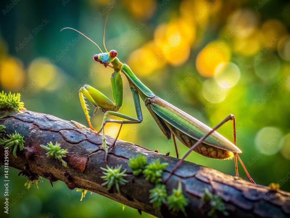 Praying Mantis on Tree Branch, Close-Up Macro Food Photography Praying Mantis on Tree Branch, Close-Up Macro Food Photography
